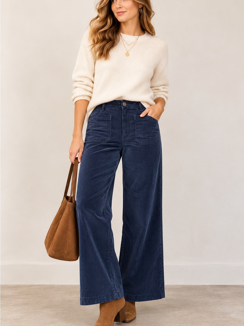 LOFT Palmer Wide Leg Corduroy Pants Navy Blue Size 12 High Rise
